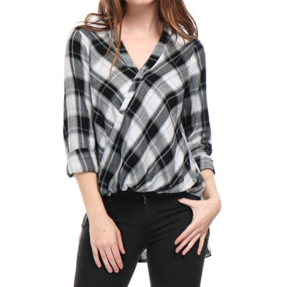 Boutique Tops - High Low Hem One Snap Button Plaid Shirt